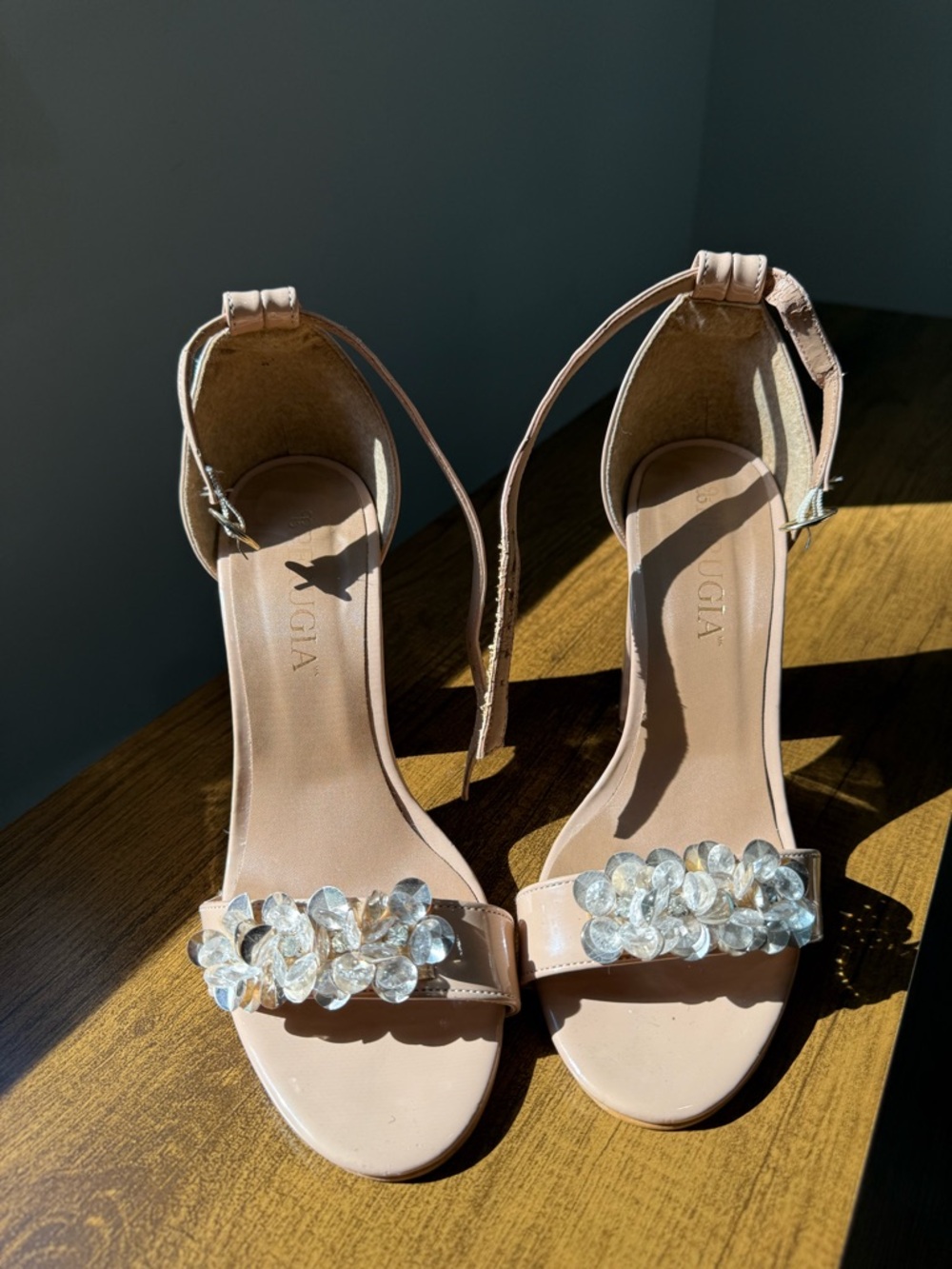 Crystal-Embellished Blush Ankle-Strap Heels